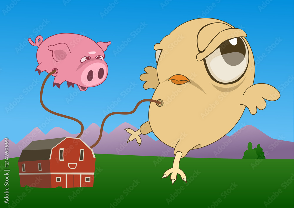 A farm showing two inflatable animals a pig and a chicken. Vector