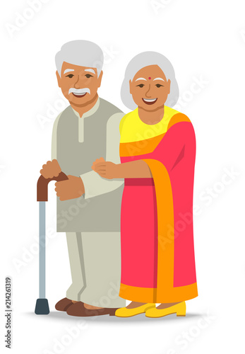 Old couple stands together. Elderly Indian woman in sari holds her husband arm. Vector flat illustration. Aged man leans on stick. Happy smiling senior people in retirement. Long married life concept