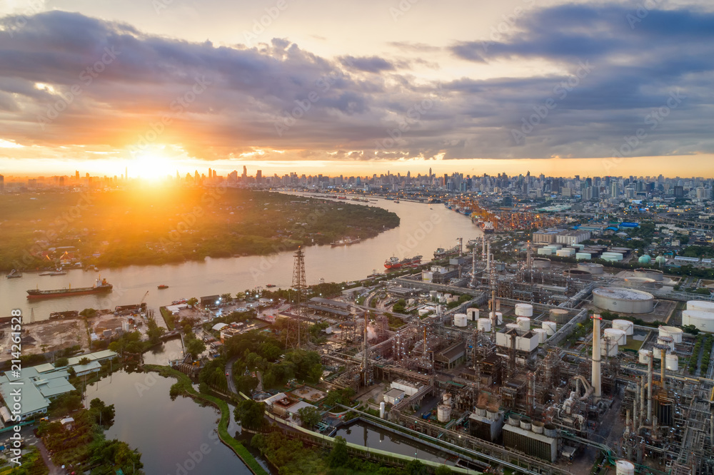 Fototapeta Aerial view of twilight of oil refinery ,Shot from drone of Oil refinery and Petrochemical plant at dusk , Bangkok, Thailand