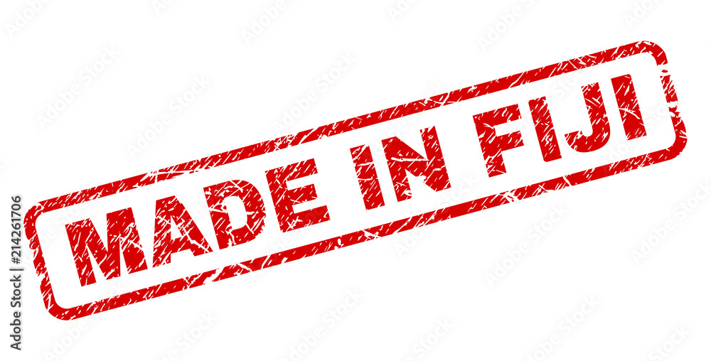 MADE IN FIJI stamp seal print with distress style. Red vector rubber print of MADE IN FIJI text with dust texture. Text caption is placed inside rounded rectangle frame. MADE IN FIJI stamp seal print with distress style. Red vector rubber print of MADE IN FIJI text with dust texture. Text caption is placed inside rounded rectangle frame.