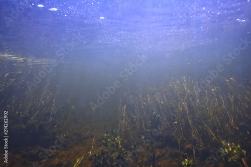 underwater mountain clear river   underwater photo in a freshwater river  fast current  air bubbles by water  underwater ecosystem landscape