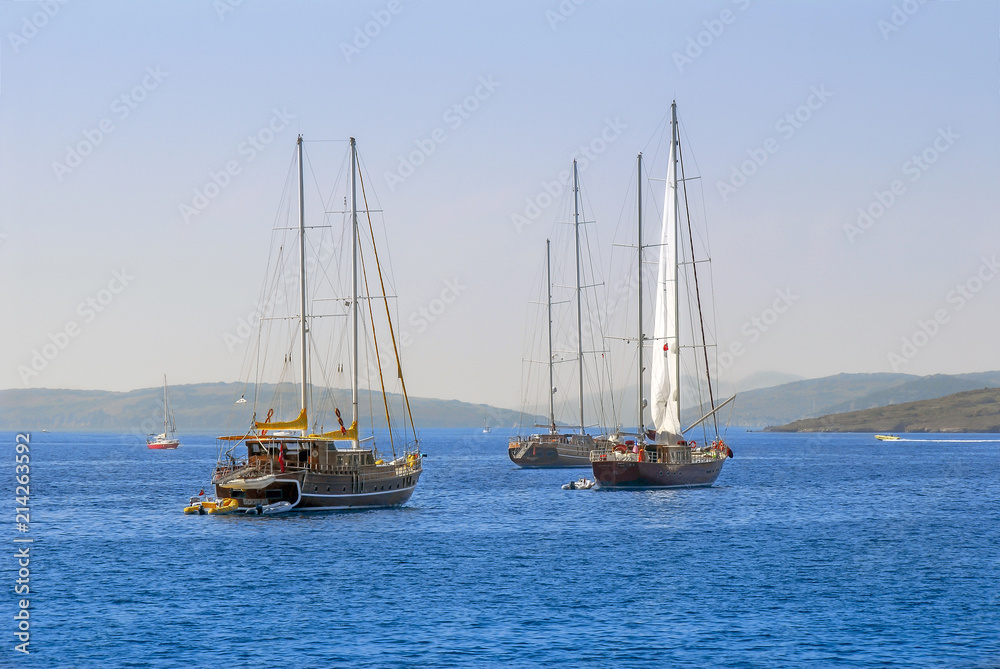 Bodrum, Turkey, 25 October 2010: Gulet Wooden Sailboats at Cove of Kumbahce