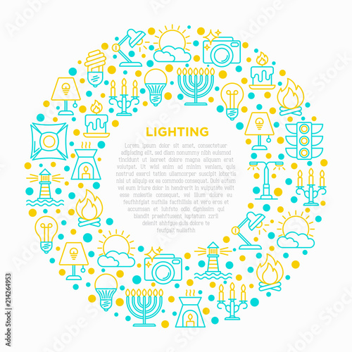 Lighting concept in circle with thin line icons: bulb, LED, CFL, candle, table lamp, sunlight, spotlight, flash, candelabrum, bonfire, menorah, lighthouse. Vector illustration, print media template.