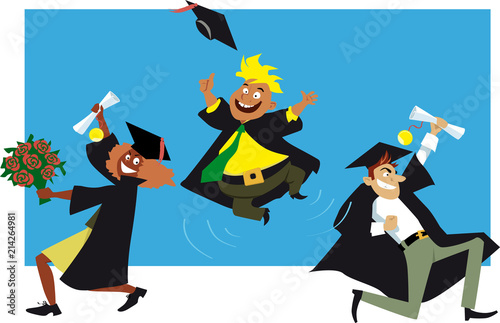Three college graduates in graduation gowns and caps cheers to their achievement, EPS 8 vector illustration