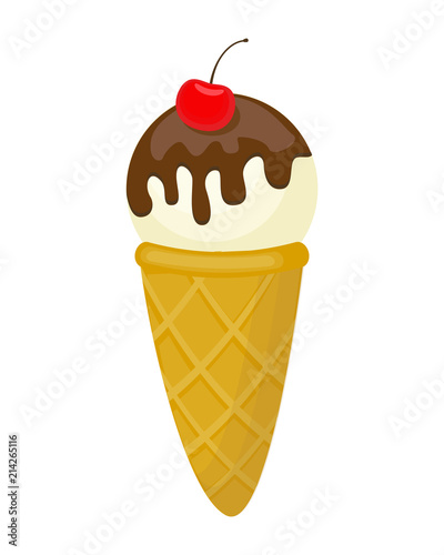 Colorful ice cream in cone with chocolate and cherry vector ill