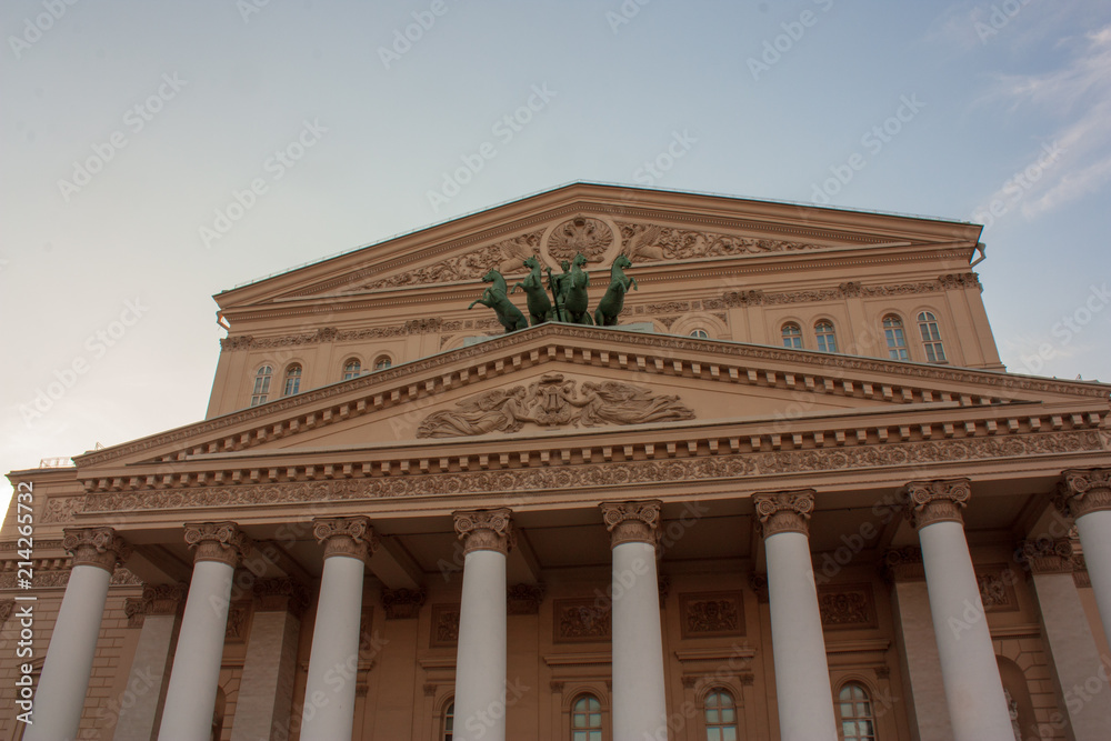 Quadriga of four horses carrying a chariot sculpted by Peter Clodt von Jurgensburg, above a portico of the Bolshoi Theatre in Moscow