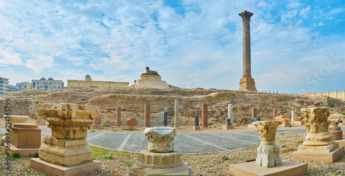 Panorama with Pompey's Pillar and sphinx, Alexandria, Egypt