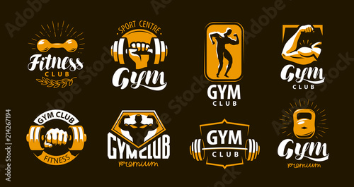 Gym, fitness logo or label. Sport, bodybuilding concept. Vector illustration
