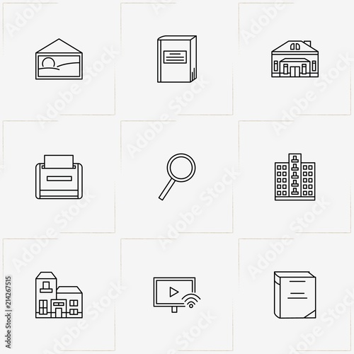 Workspace line icon set with printer, television monitor  and book