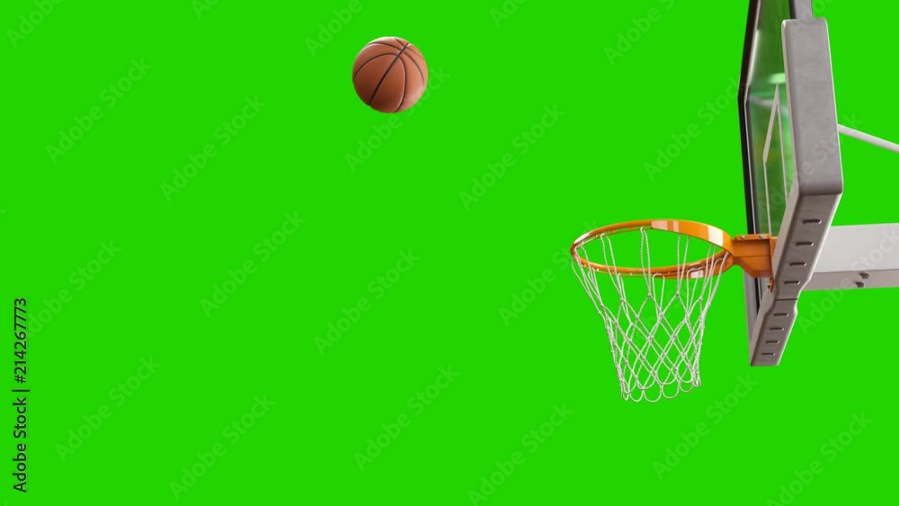 Ball Flying Spinning into Basket Net in Slow Motion on Green Screen. Beautiful Professional Throw in a Basketball Hoop. Sport Concept. 3d Animation 4k UHD 3840x2160.
