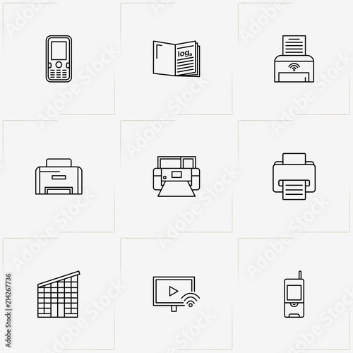 Workspace line icon set with printer, mobile phone and television monitor