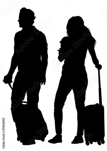 People whit travel big suitcases on white background