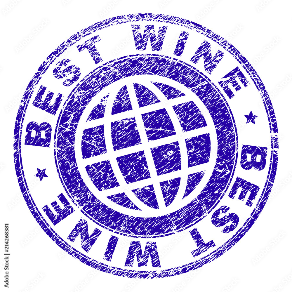 BEST WINE stamp imprint with distress texture. Blue vector rubber seal imprint of BEST WINE text with dirty texture. Seal has words placed by circle and planet symbol.