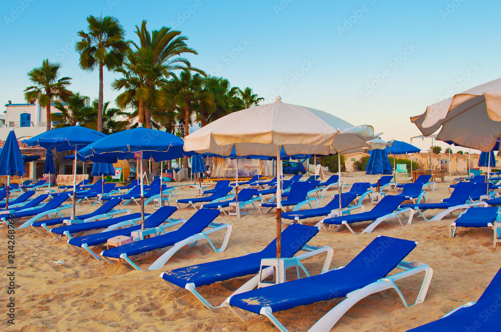 Many white and blue umbrellas and loungers