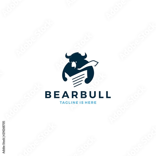 bear bull reading newspaper wearing tie logo mascot icon vector template illustration