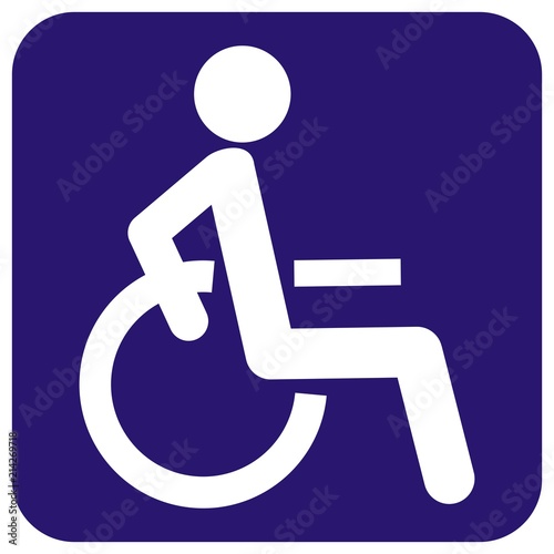 disabled person in wheelchair at blue frame, sign, vector icon