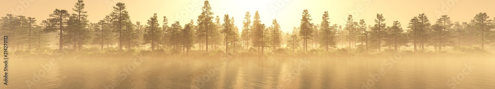 Obraz premium Panorama of a forest in the fog at sunset. Trees in the fog. Light above the left. 3D rendering