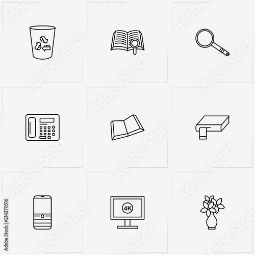 Workspace line icon set with book, television monitor  and mobile phone
