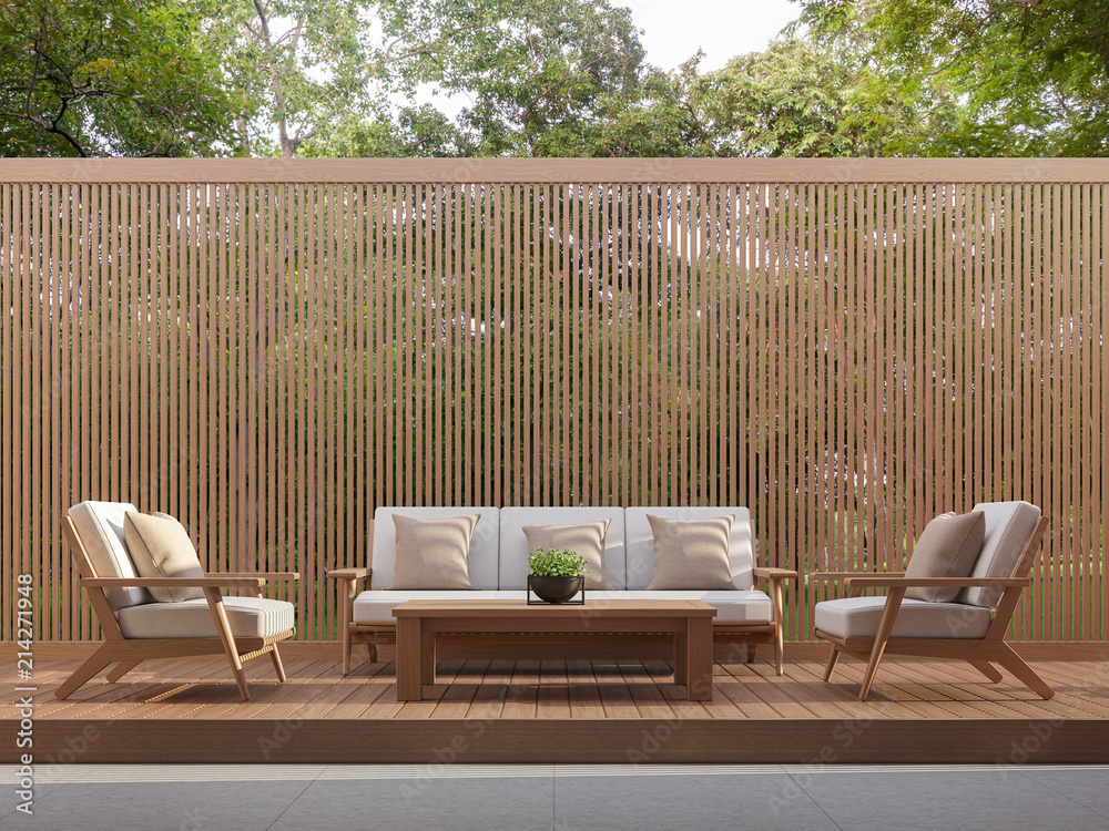 Outdoor living area with wood slats 3d render,Surrounded by the  nature.There are wooden floor and wall slats partition.There have the  sunlight into the floor. Stock Illustration | Adobe Stock