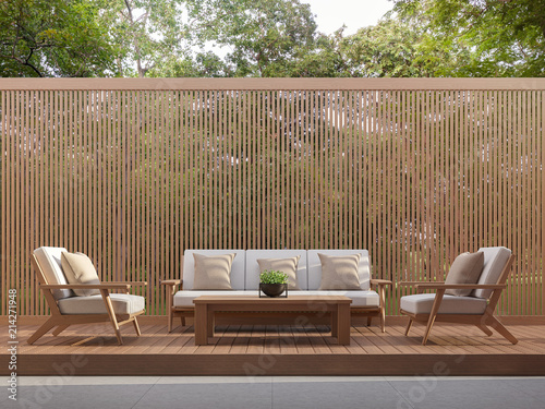 Fototapeta Naklejka Na Ścianę i Meble -  Outdoor living area with wood slats 3d render,Surrounded by the nature.There are wooden floor and wall slats partition.There have the sunlight into the floor.