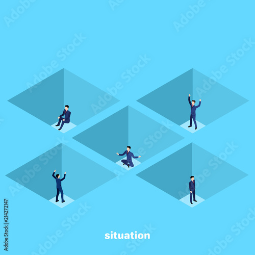 a man in a business suit stands in a pit, bankrupt, isometric image