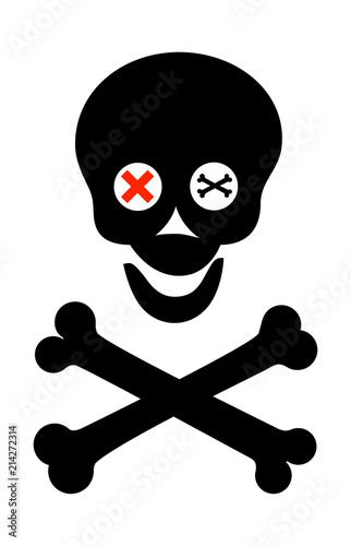 Cartoon cheerful skull and bones silhouette. Vector illustration. Isolated on white background