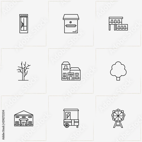 Street line icon set with stall, building and ferris wheel
