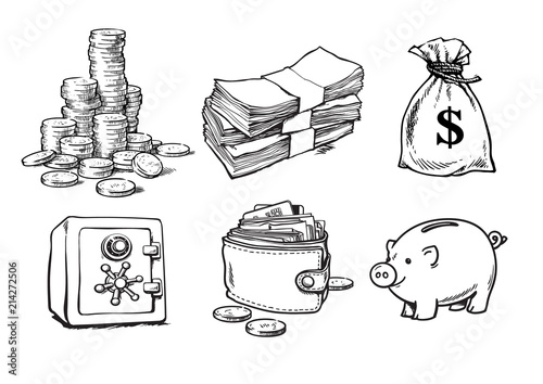 Finance, money set. Sketch vector