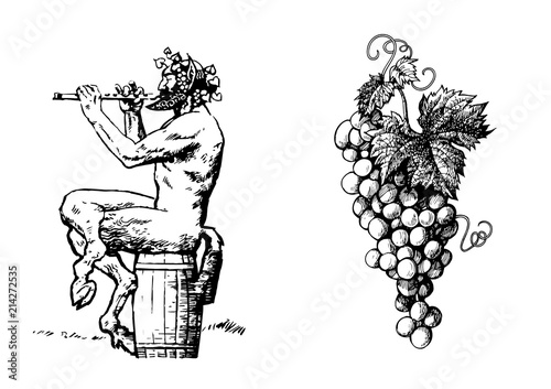 Satyr on the barrel 0f wine playing the flute and bunch of grapes. Vector