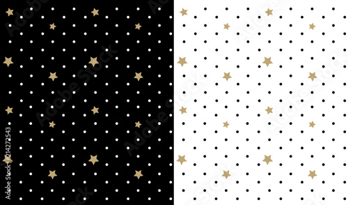 Black vector backdrop with white polka dots and golden stars. Cute childish pattern for textile. Background for kid's birthday invitation - twinkle little. Wallpaper for prince nursery room