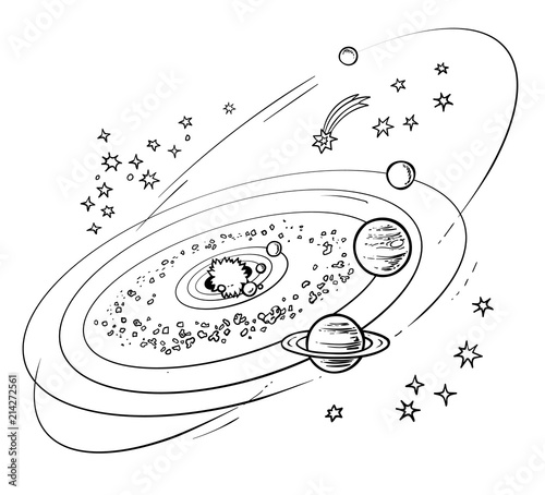 Sketch of solar system with planets orbiting sun. Vector