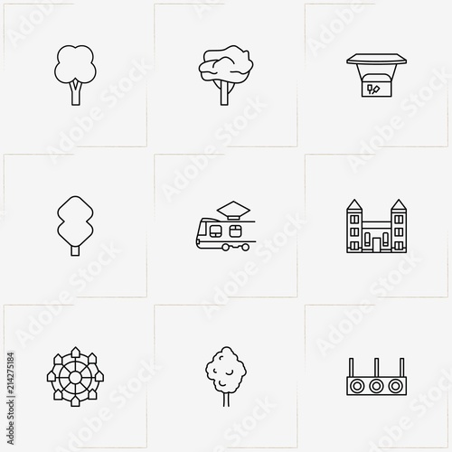 Street line icon set with building, tree and stall