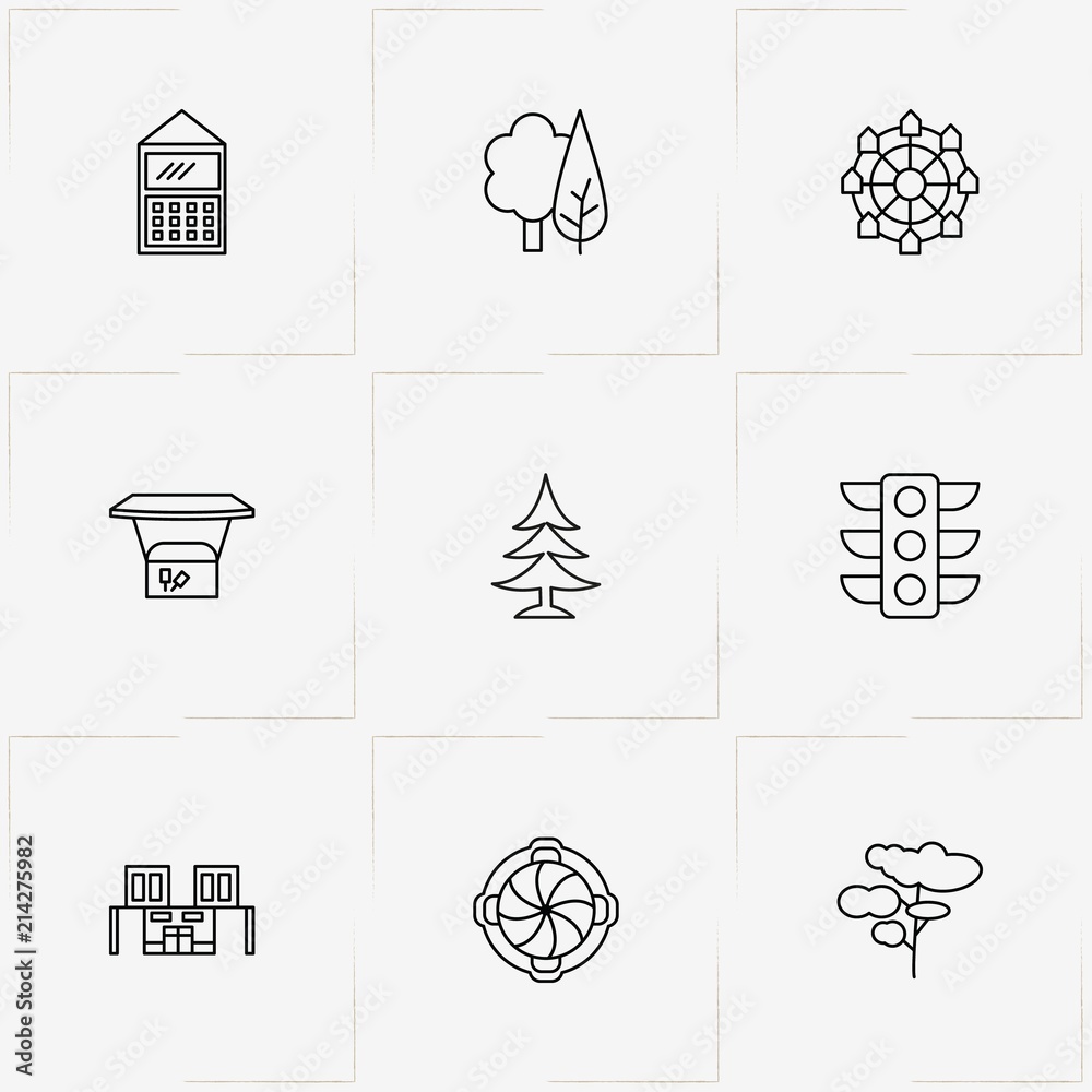 Naklejka premium Street line icon set with stall, ferris wheel and tree