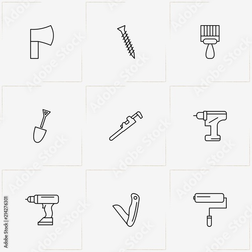 Tools line icon set with putty knife, pocket knife and hatchet
