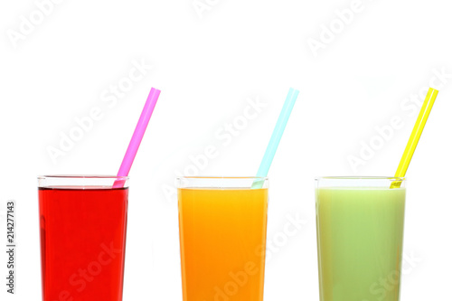 colorful fruit Smoothies isolated with tube. watermelon kiwi and citrus smothie