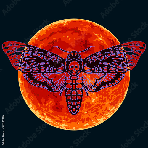 Death head hawkmoth on the full red Moon background. Skull moth butterfly. Vector