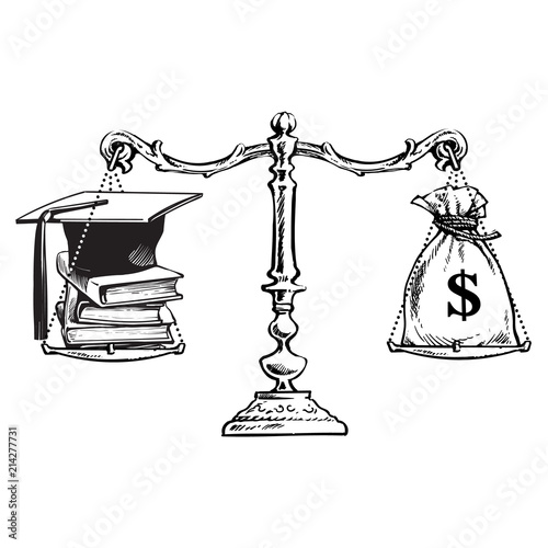 Graduation cap books and sack of dollars on scales. Price of education concept. Vector