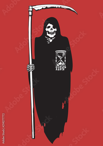 Cartoon Death with scythe and hourglass. Vector