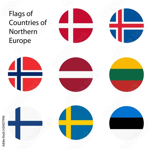 Vector illustration. Set of flags of Northern Europe countries. Estonia, Norway, Latvia, Lithuania, Iceland, Finland, Sweden, Denmark.