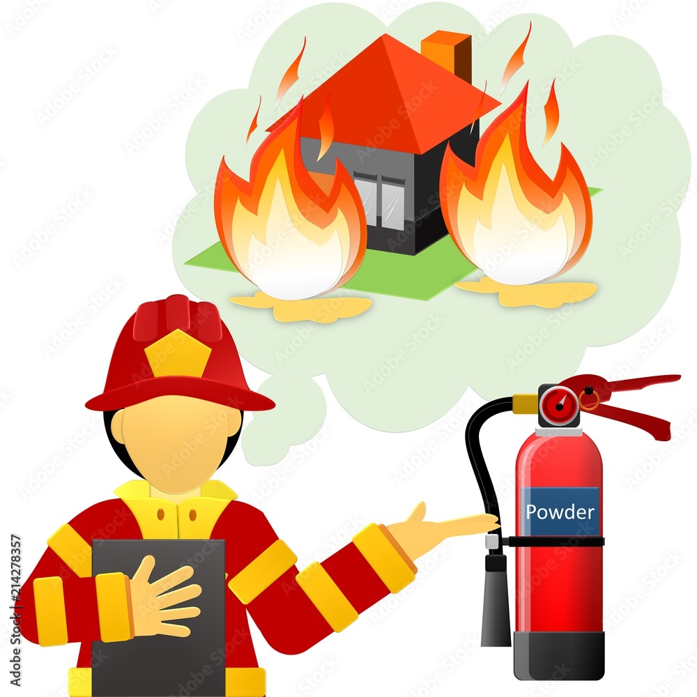 Extinguish fire. Fireman is training the fire extinguisher. Illustration  flat design. Isolated on white background. Protection from flame. Show  training instructions. Stock Illustration