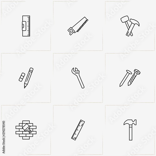 Tools line icon set with hammer, putty knife and wrench