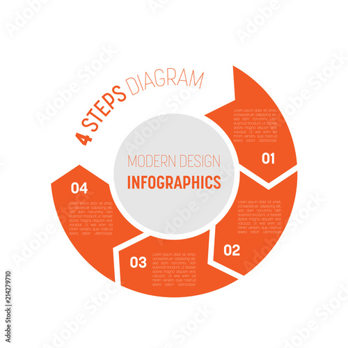4 step process modern infographic diagram. Graph template of four arrows in the circle. Business concept of 4 steps or options. Modern design vector element in shades of orange and grey.