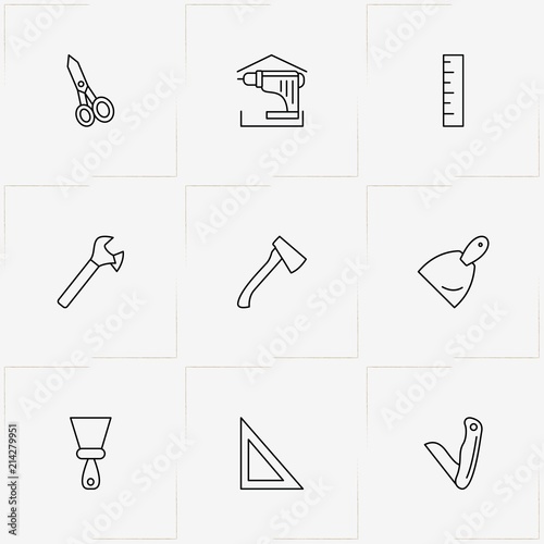 Tools line icon set with putty knife, hatchet and scissors