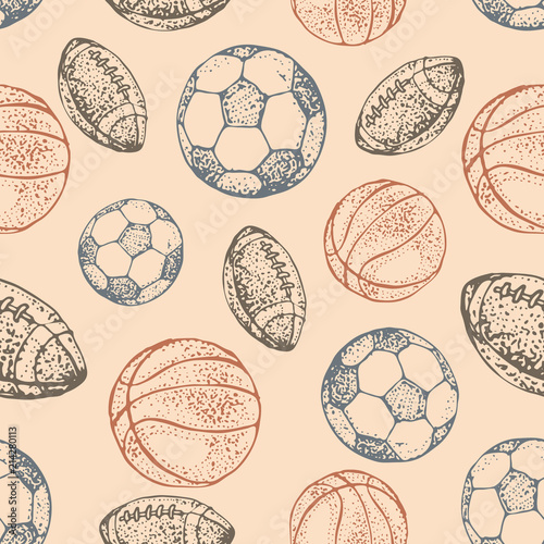 Sport balls seamless pattern. Hand drawn doodle icon football, basketball and soccer background of recreation and leisure. Vector illustration.