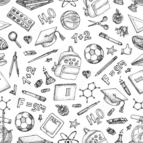 Back to school seamless pattern. Doodle vector set of Physics and Chemistry science theory,  glass flasks, formulas, stationery, books, schoolbag, scribbles isolated on white.