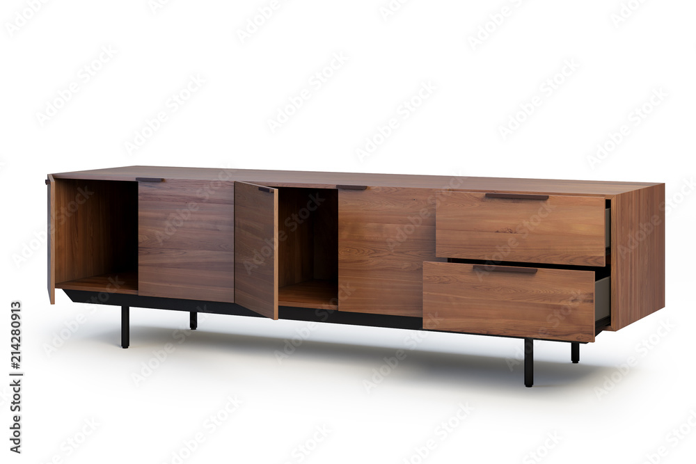Wooden sideboard with retractable shelves. 3d render Wooden sideboard with retractable shelves. 3d render