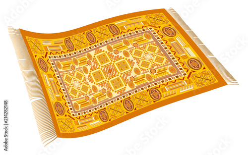 Magic carpet. Flying carpet with orange, yellow and red pattern. Isolated vector illustration on white background.