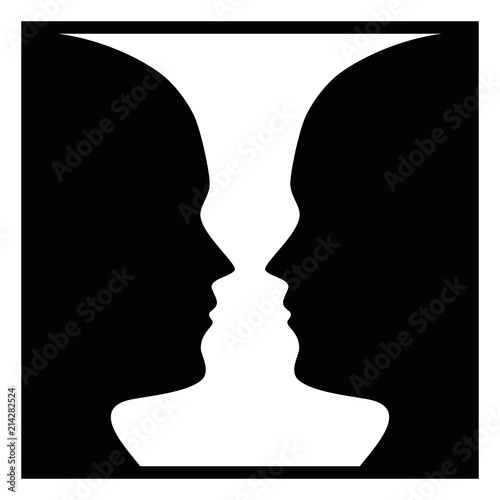 Figure-ground perception, face and vase. Figure-ground organization. Perceptual grouping. In Gestalt Psychology known as identifying a figure from background. Isolated illustration over white. Vector. photo