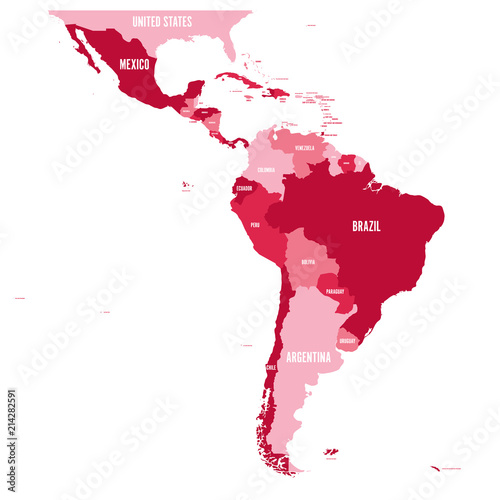 Political map of Latin America. Simple flat vector map with country name labels in four shades of maroon.
