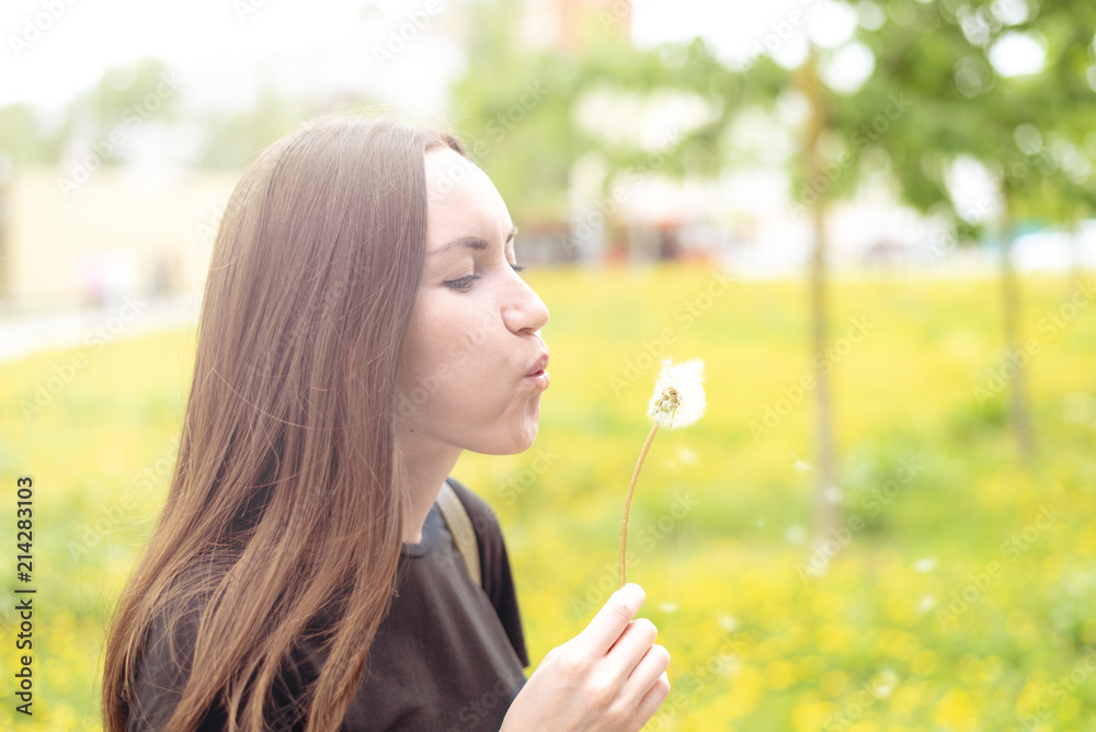 A young woman holding a flowering dandelion in her hand and blowing on a flower A young woman holding a flowering dandelion in her hand and blowing on a flower